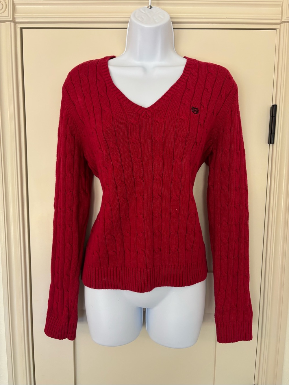Chaps Chunky Cable Knit Sweater Rich Red Cotton V-Neck Ribbed Hem Y2K Fall Large